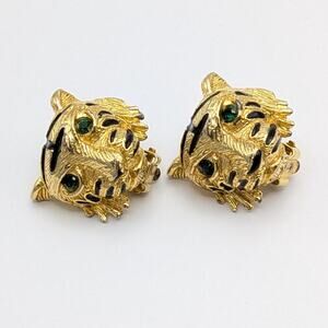 Vintage Tiger Panther Gold Tone Clip On Earrings Green Rhinestone Eyes Unsigned